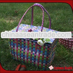 shiny PP woven handled wholesale picnic woven strap basket