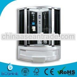 Large bathroom steam shower cabin with computer control panel and tray