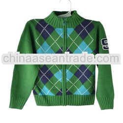 7G Green Turtle Neck Zipper Cardigan Knitwear Argyle Intarsia 100% Wool Boys Knitwear