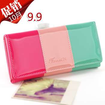 2013 New Women's Medium-Long Wallet Bag Candy Patent Leather Wallet Color Block Decoration Card 