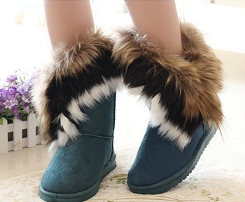 2013 news Fox fur waterproof snow boots big women's shoes faux cow muscle outsole knee-high tass