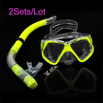 2Sets/Lot Fluorescence Yellow Scuba Diving Equipment Dive Mask + Dry Snorkel Set Scuba Snorkeling Ge
