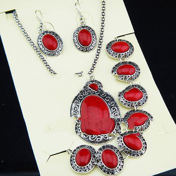 3pcs Vintage Antique Silver P Oval Red Turquoise Earrings Bracelet Necklace Women Jewelry Set  A-696