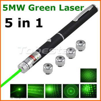5 in 1 Green Laser Pointer Pen 5MW Star Effect Caps +5 Laserheads Lazer Light+Gift Box Free shipping