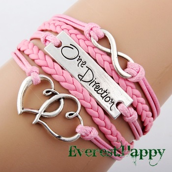 5pcs Antique Silver Sideways Charm One direction Heart Infinity Braided Pink Leather Bracelet  Wrist