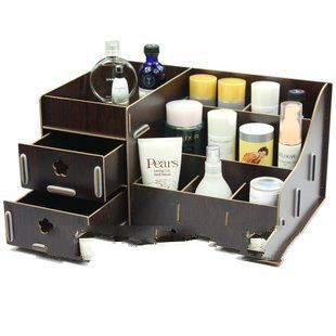 Brown Wooden DIY Multi-function Desktop Cosmetic Organizer Remote control Cosmetic Storage Holder wi