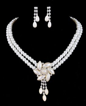Flower Charm Pearl Necklace Set White Color Pearl Jewelry Set Free Shipping #W344451H01