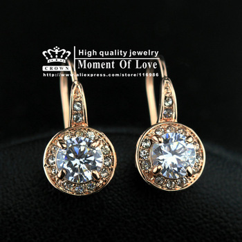 Free Shipping 1 Pair (CRE-755 52# AB) Top Quality 18 k Rose Gold 1ct Round CZ Stone Hook Earrings Hi