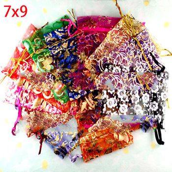 Free Shipping 100 Random Mixed Bronzing Drawable Organza Wedding Gift Bags&Pouches 7x9cm(W00459 
