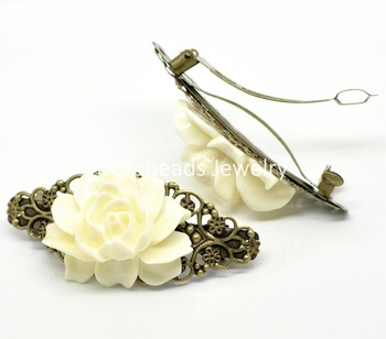 Free Shipping! 2 Antique Bronze White Flower French Hair Barrette Clips 7.9x3.7cm(3-1/8"x1-1/2&