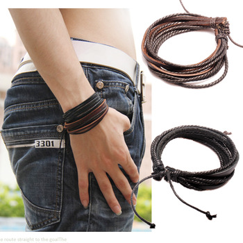 Free Shipping, (2pcs/lot),2013 Fashion Jewelry Wrap Charm Genuine Leather Bracelet with Braided rope