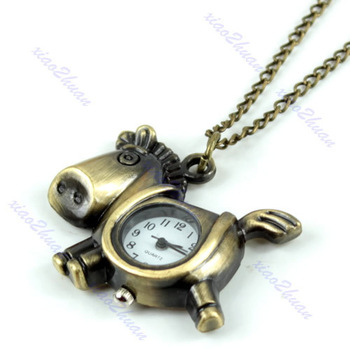 Free Shipping 2pcs/lot New Antique Bronze Tone Little Horse Quartz Pocket Watch Necklace Chain Penda
