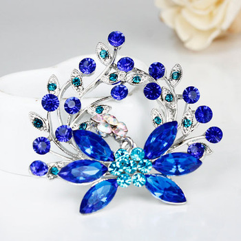 Free Shipping Fashion Jewelry Women Blue Rhinestone Mixed Crystal Flower Silver Brooches Bouquet Pin