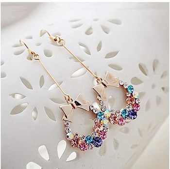 Free Shipping Fashion Ring Imitation Diamond Colorful Rhinestone Bow Earrings D217