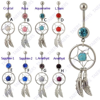 Free Shipping Nickel-free Dream Catcher Dangle Hot Belly Rings Crystal Gem Fashion Body Piercing Jew