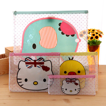 Free Shipping  korea stationery cartoon transparent file bag mesh storage bag zipper bag pencil case