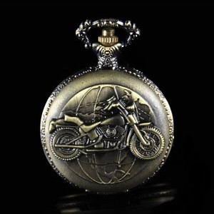 Free shipping Vintage Style Motorcycle Analog Bronze Clock Necklace Quartz Pocket Watch Girl Boy Gif