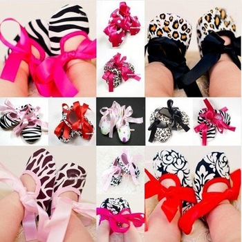 Infant Baby Toddler Girl Dot Damask Zebra Leopard Print Silk Ribbon Shoe Newborn Free shipping &
