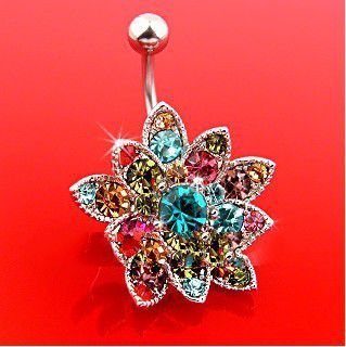 KY1 Hot Items 2013 New Fashion Stunning Multicolor Crystal Flower Navel Belly Ring Jewellery Nickel 