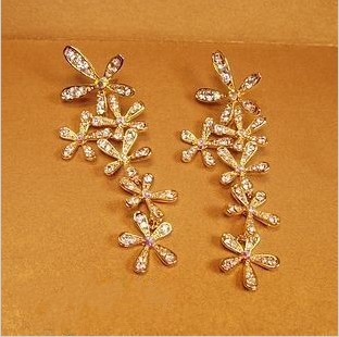 Min. order $9 Luxury full rhinestone flower gold gorgeous ultra long earrings stud earring EH297