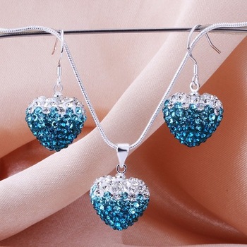 New Arrivel Fashion Ocean Blue Gradient Heart Earrings Necklace Shamballa set 925 sterling silver Hi