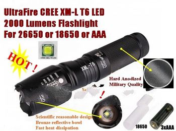 UltraFire E26 CREE XM-L T6 2000Lumens High Power Torch Zoomable CREE LED Torch flashlight For 1x 266