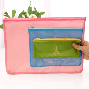 korea stationery fresh candy color grid translucent zipper bags documents bag pencil case A4 size,fr