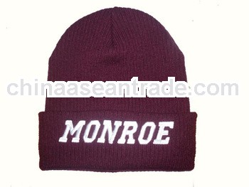 100% acrylic good embroidery folded up beanie in maroon