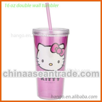 16oz AS/PS/Acrylic Double Wall Plastic Water Tumbler With Straw