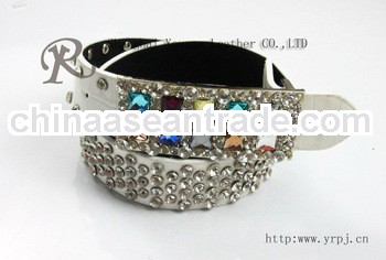 2013 New White rhinestone belts for ladies ,split pu coated leather for belts with full shinning bea