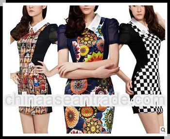 2013 new summer style flower printing convertible collar plus size fashion mini dress for women