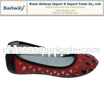 2014 Women Casual Flat Shoes Balrina Red PU Upper Flower Cut out PVC Sole Size 35 to 41