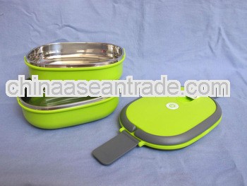 2 layer rectangle with handle thermal stainless steel food storage container