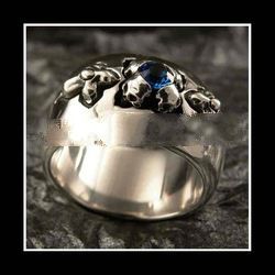 925 Sterling Silver Jewelry Skull Ring Blue Sapphire