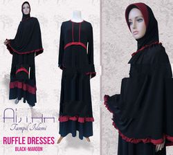Ruffle Dresses Black-Maroon 1 Set + Hijab