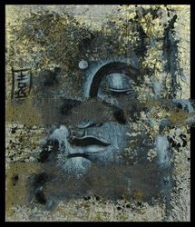 Grey Budha faces with gold pradha painting