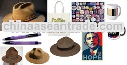package campaign button, mug, poster, hat, pen, bag