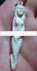 Bali Pendant Necklace Nude Mermaid Girl & Dolphin From Deer Antler Carving with Silver Bail 925