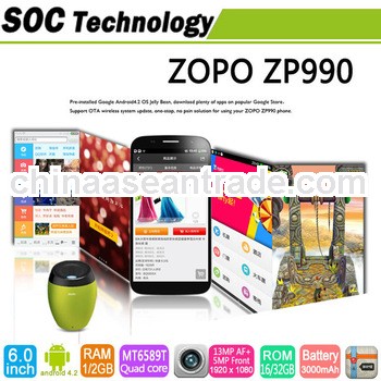 6 inch ZOPO ZP990 smartphone MTK6589T quad core 1.5GHz Aliyun Android 4.2 1GB/16GB 2GB/32GB 5MP/13MP