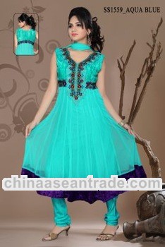 Aqua blue net Indian bollywood partyware traditional anarkali designer salwar kameez