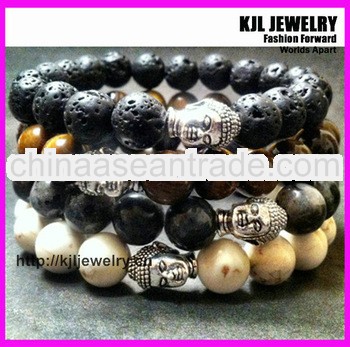 BL3034-lava Beads 10mm Silver Metal Buddha Bracelet Set Mens Beaded Bracelet