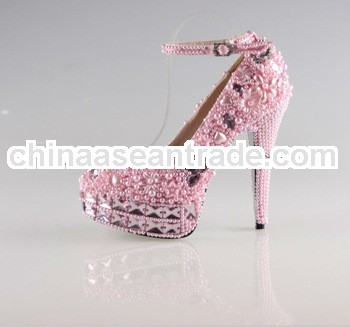 BS741 custom handmade pink crystals with pearls 14cm high heel bridal wedding shoes,party shoes,prom