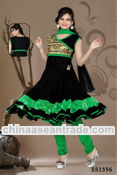 Black & parrot green Georgette churidar designer salwar kameez
