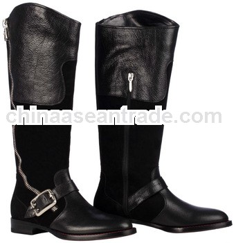 Black women knee high motorcycle boots women genuine leather shoes 2013 women flat shoes