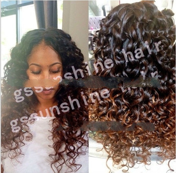 Celebrity style! two tone color #1b/4 curly malaysian glueless lace wigs