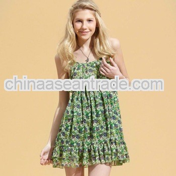 Cute Floral Sling One-Piece Dress Lime Green