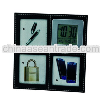 Desktop Digital Genuine Leather Clock With Photo Frame