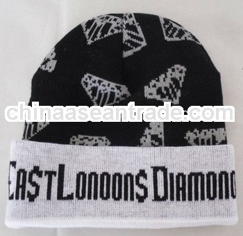 East London Diamond jacquard knitted beanie hat with pompom