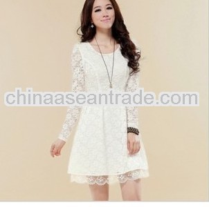 F60321R KOREAN TEMPERAMENT SHOW THIN LONG SLEEVED SPLICING LACE DRESS