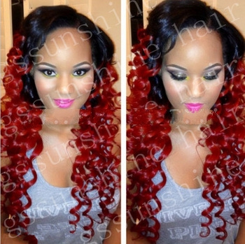 FASHION STYLE!!! two tone #1B/red kinky curl brazilian remy full lace front wigs